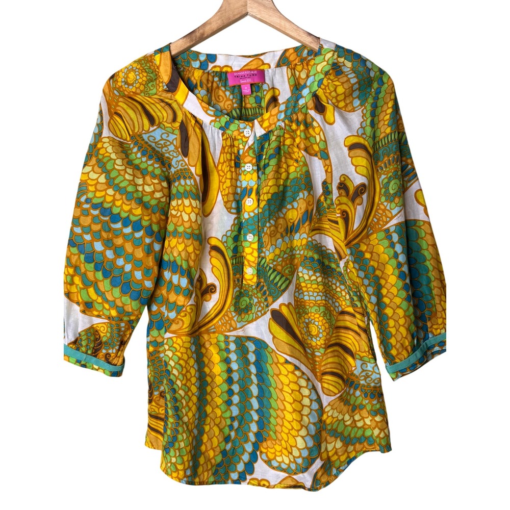 Banana Republic Trina Turk Silk Blend Tunic Top Yellow Green Psychedelic Print 2